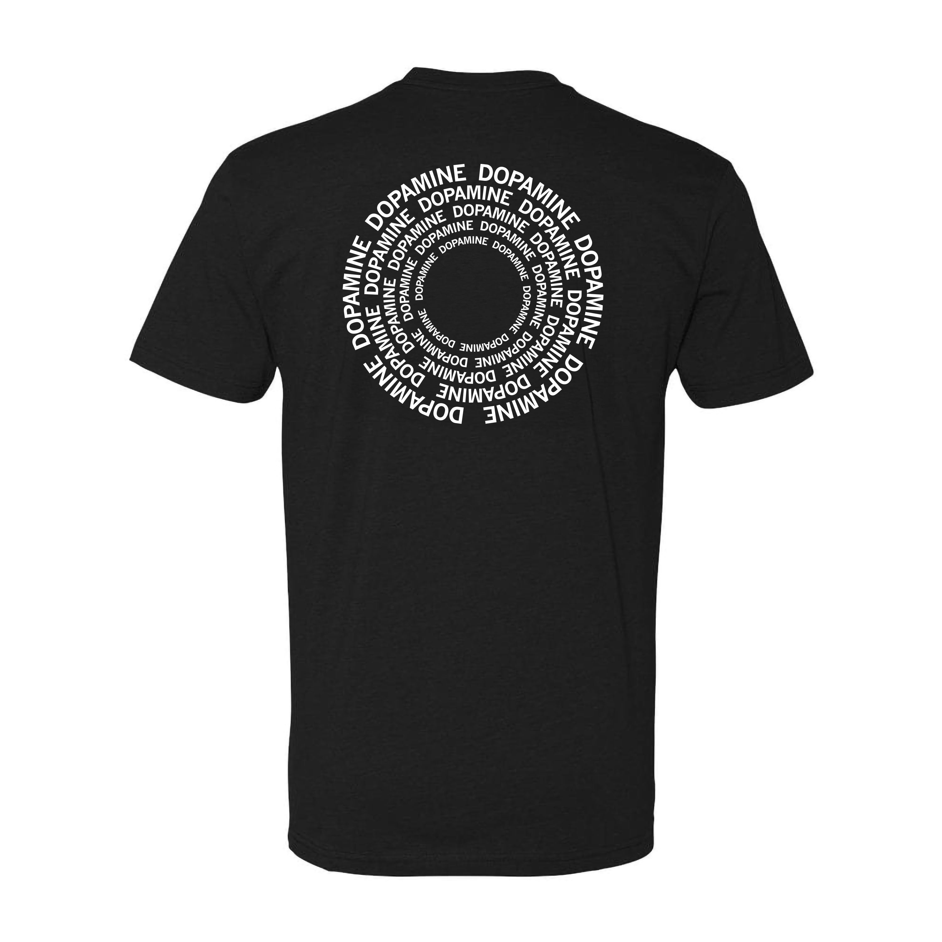 Black t-shirt with 'DOPAMINE' text in circular pattern on white background